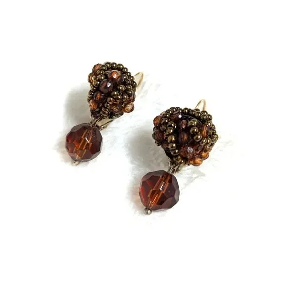 Vintage Liz Claiborne Brown Beaded Pierced Earrings - Picture 1 of 7